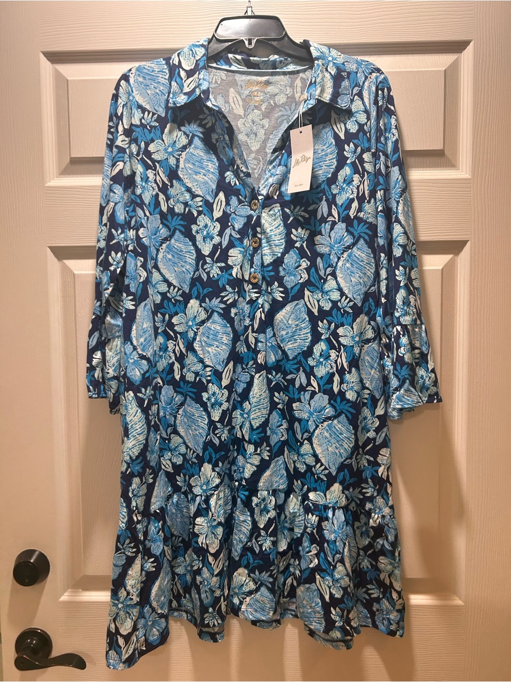 Lilly Pulitzer Navy and Light Blue Floral Midi Shirt Dress